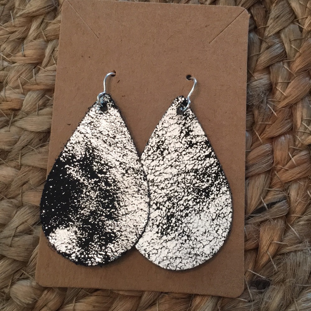 100% Leather Metallic Black + Silver Earring 2/$25